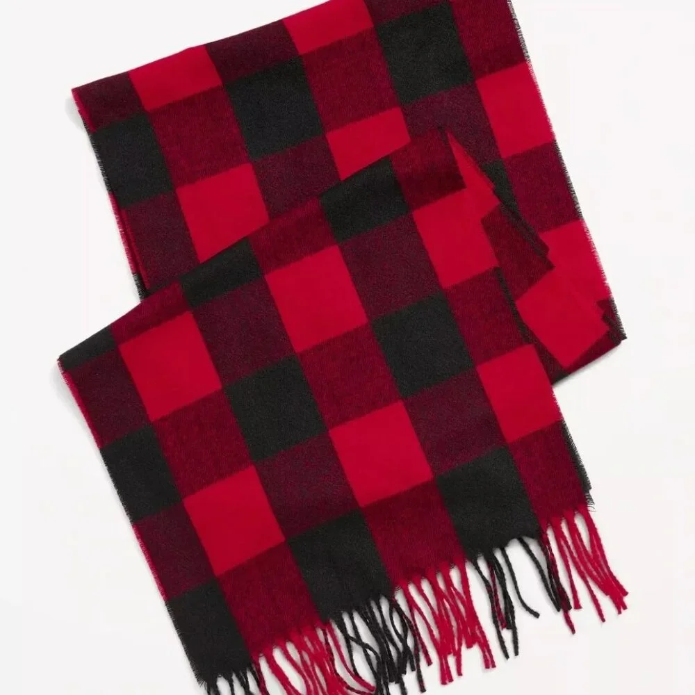 OLD NAVY UNISEX Red Black Buffalo Plaid Check Fringe Scarf NEW